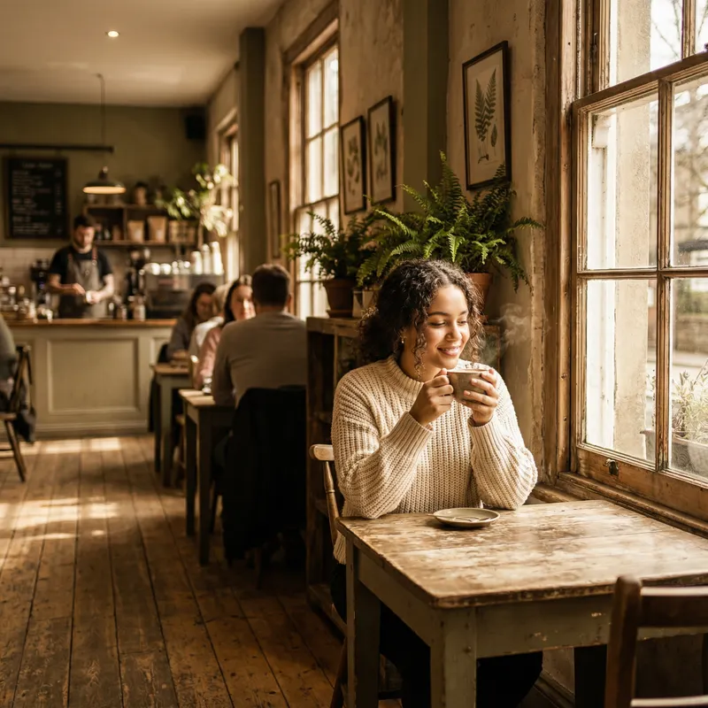 Cozy Café Scene: Warm Light & Tranquil Ambience
