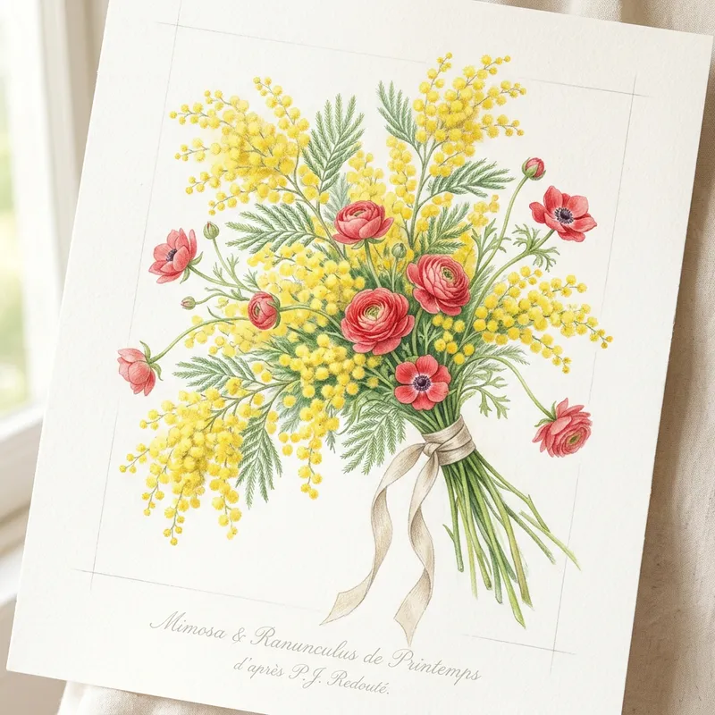 Romantic Mimosa and Red Flowers Bouquet - Realistic Spring Painting