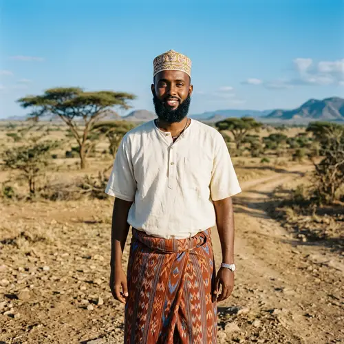Somali Man in Traditional Attire with Bright Blue Eyes