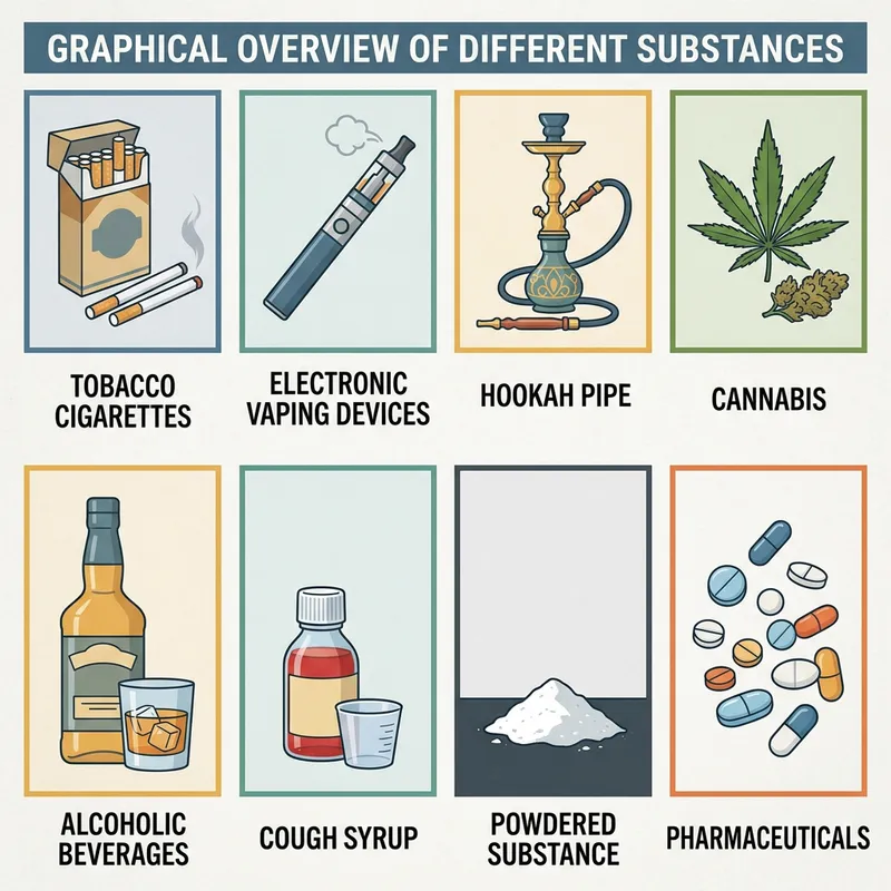Substance Collage: Tobacco, Vaping, Hookah, Cannabis, Alcohol, Pharmaceuticals