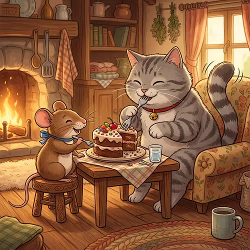 Adorable Scene: Mouse and Cat Sharing a Cake