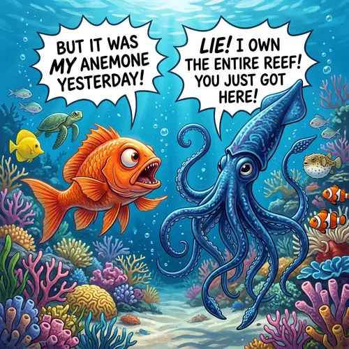 Orange Fish and Blue Squid Heated Argument in Underwater Environment