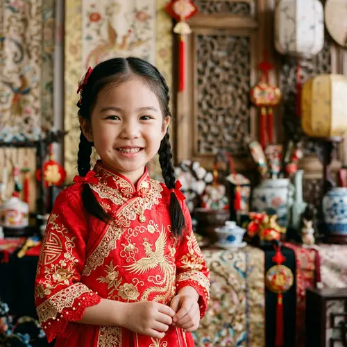 Portrait of Smiling East-Asian Girl in Red Dress | Detailed Studio Shot