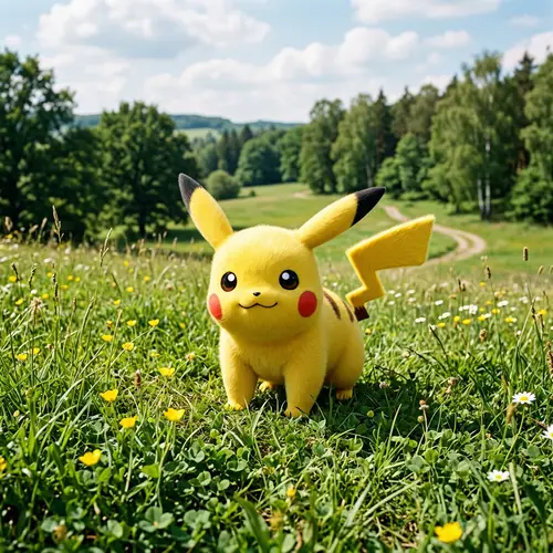 Pikachu - Cute Yellow Creature in Grassy Field with Lightning Bolt Tail