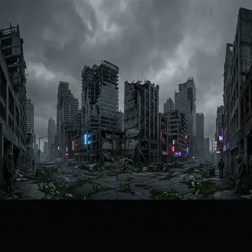 Dystopian Cityscape: Decaying High-Rises & Shadowy Figures