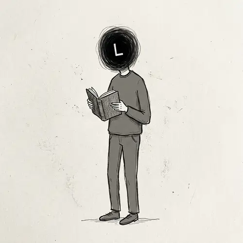 Minimalist Man Holding Book with Unique 'L' Head Artwork