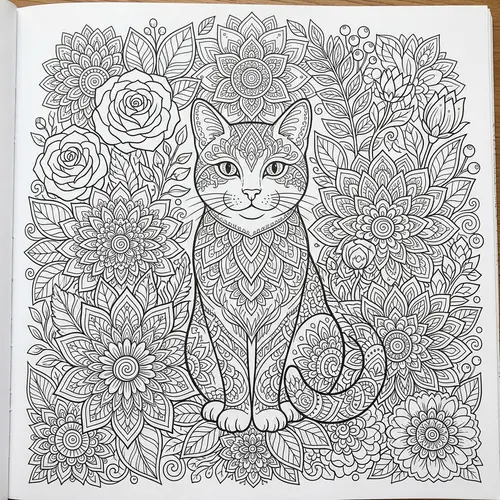Cat Surrounded by Beautiful Flowers - Mandala Coloring Book