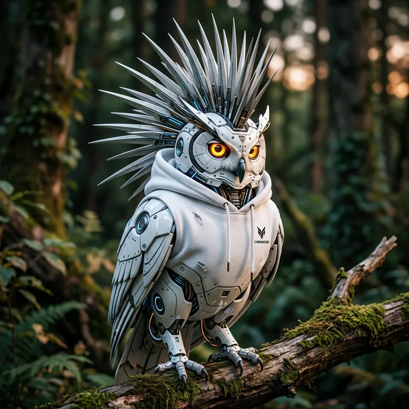Stylish White Robot Owl with Mohawk & Hoodie