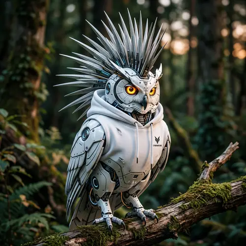 Stylish White Robot Owl with Mohawk & Hoodie