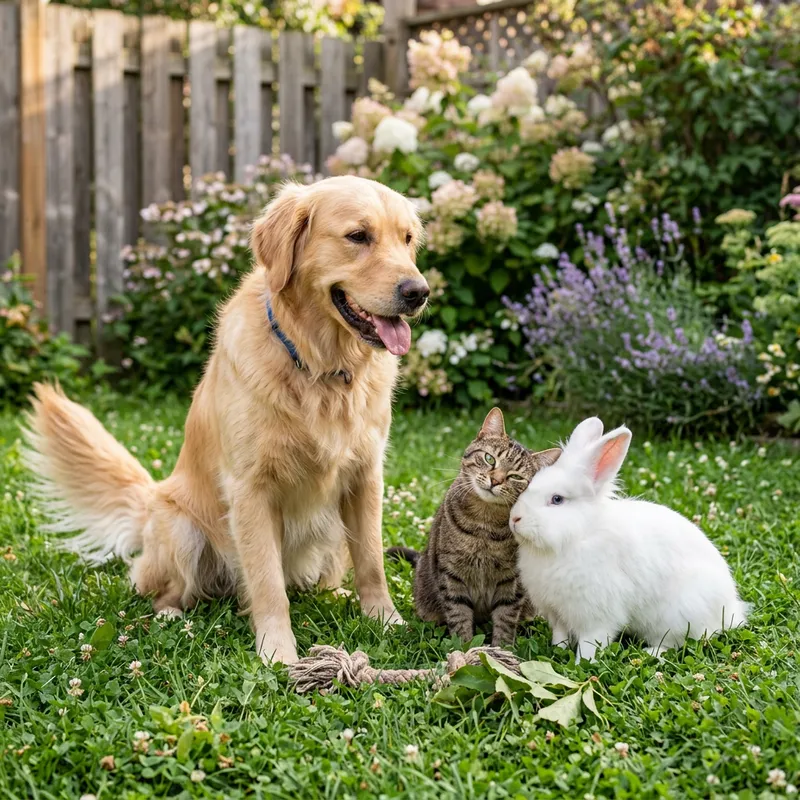 Friendly Dog, Cat, and Rabbit Interaction Scene