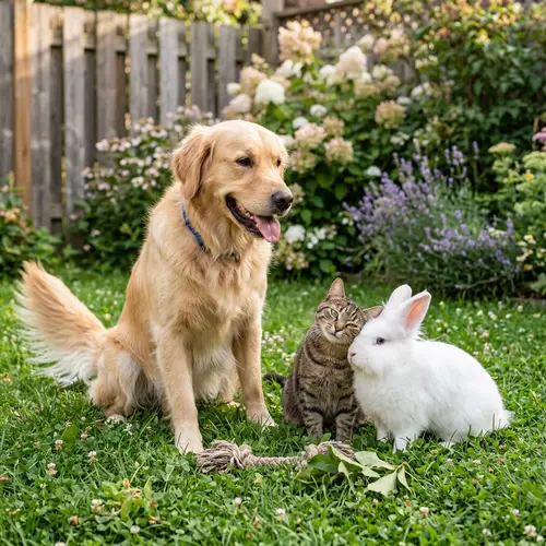 Friendly Dog, Cat, and Rabbit Interaction Scene