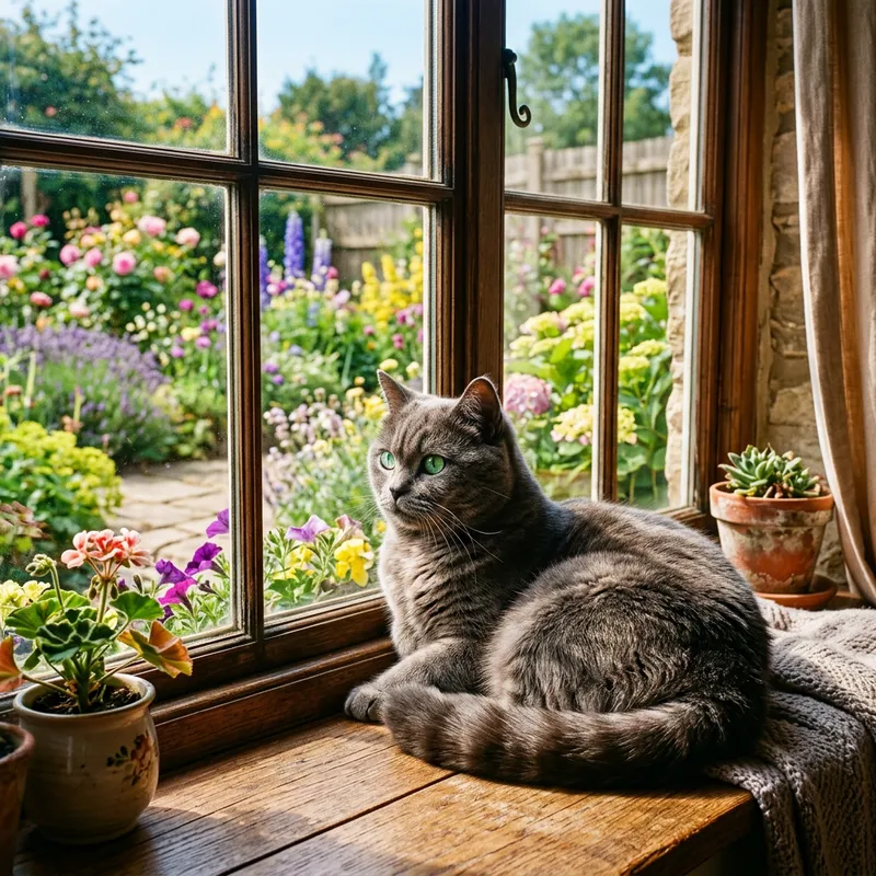 Detailed Gray Cat with Emerald-Green Eyes in Garden Scene