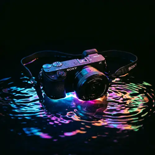 Colorful Lights Illuminating Sony A6300 Camera Floating on Water