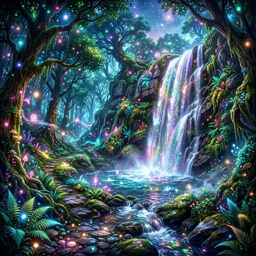 Mystical Forest with Hidden Waterfall | Vibrant Colors & Dreamy Lighting