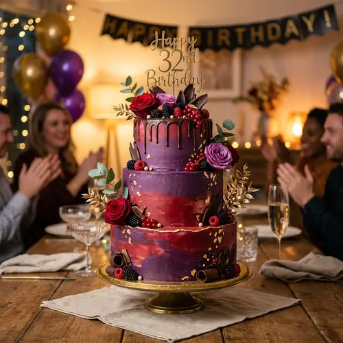 Elegant Purple and Red Chocolate Birthday Cake