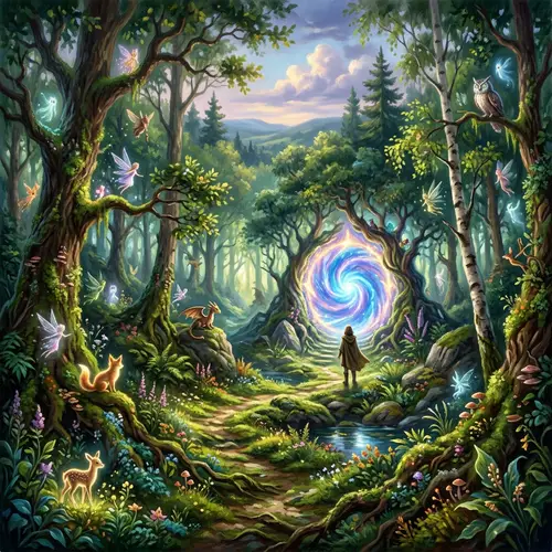Enchanted Forest with Luminescent Portal and Magical Creatures