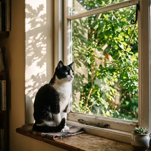 Charming Black and White Cat Watching Bird