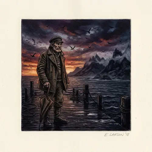Haunting Intaglio Print of a Sea Captain at Dusk