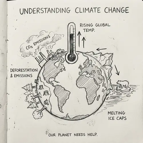 Climate Change Sketch with Earth, Rising Temperatures, and Deforestation