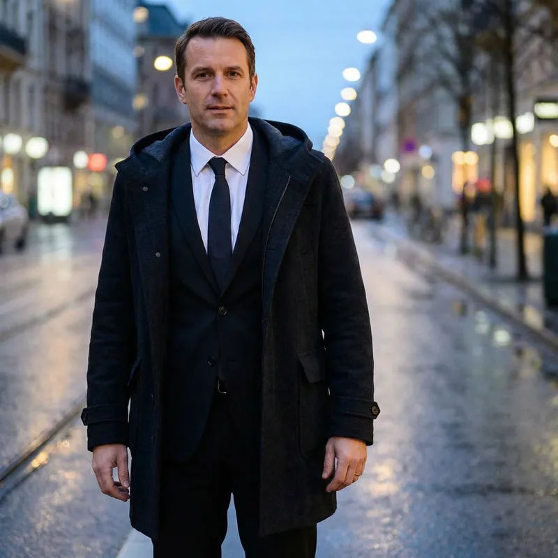 Stylish Male Skin in Black Suit & Hooded Coat