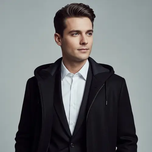 Stylish Male Skin in Black Suit & Hooded Coat