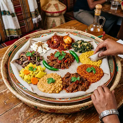 Traditional Ethiopian Dish - Colorful Injera Platter
