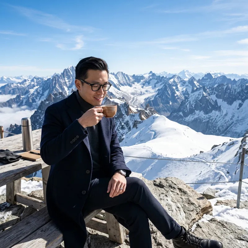 Serene Scene: Successful Chinese Man Savoring Tea on Snowy Mountain Peak