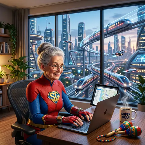 Elderly Woman in Superhero Suit at Laptop | Futuristic Cityscape