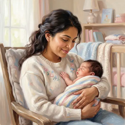 Hispanic New Mother Portrait | Serene Expression Pastel Palette