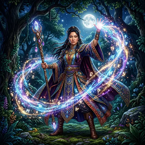 Enchanting Female Sorcery in a Moonlit Glade