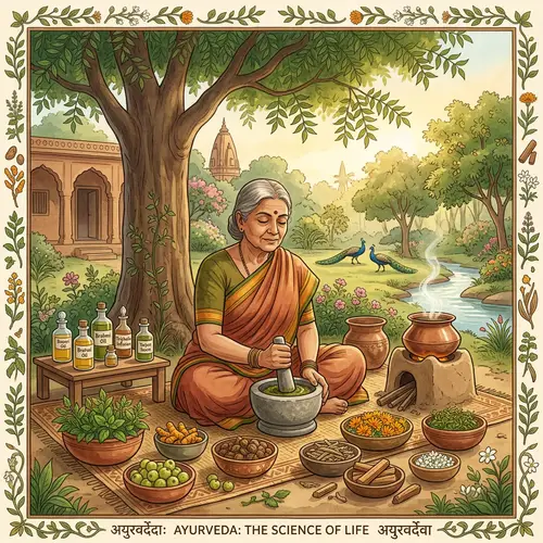 Traditional Ayurvedic Illustration: Herbs, Oils, and Meditation