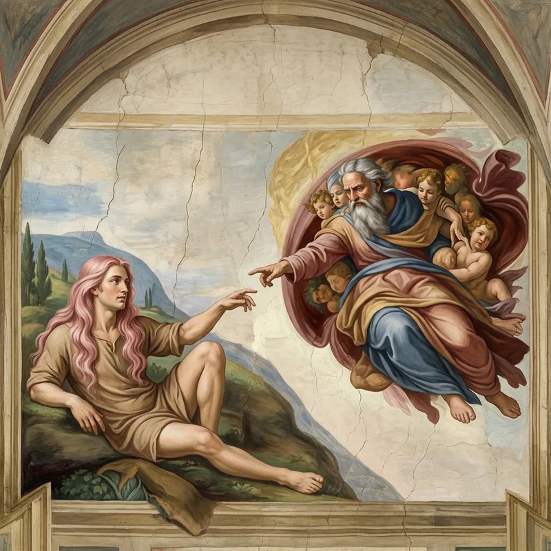 Adam and God Renaissance Interpretation with Pink Hair