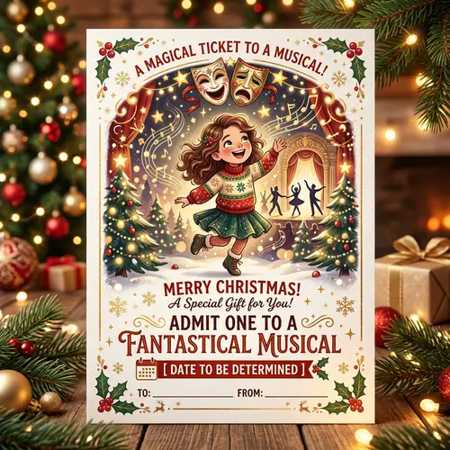 Festive Holiday-Themed Musical Ticket Gift Card Design