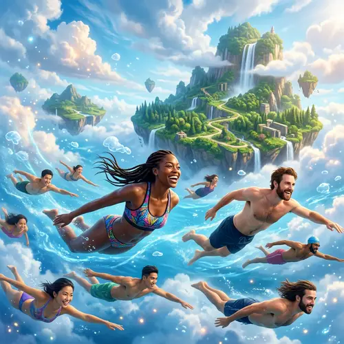 Sky Landscape with Diverse People Floating and Swimming