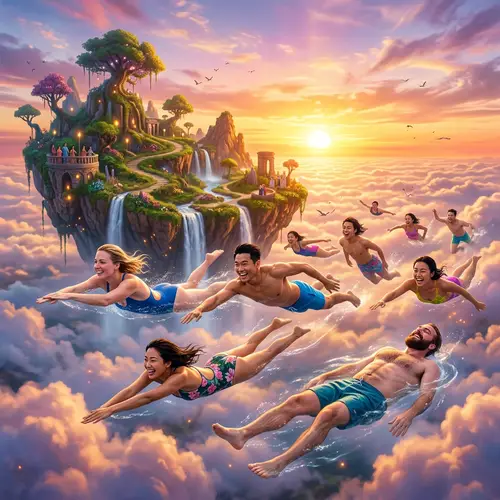 Fantastical Sky Landscape with Air Swimmers