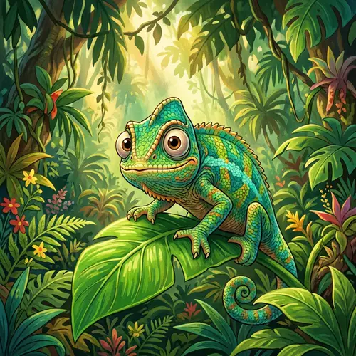 Adorable Chameleon in Pixar-Inspired Style - Vibrant Green Background