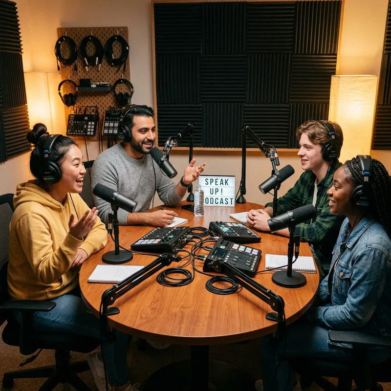 Vibrant Podcast Conversation: Engaging Youth in Studio Setup Vibrant Podcast Conversation: Engaging Youth in Studio Setup