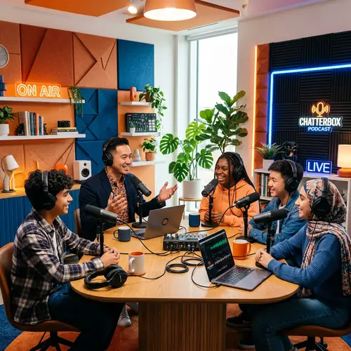 Lively Podcast Interview with Charismatic Host in Modern Studio in Orange and Blue Tones