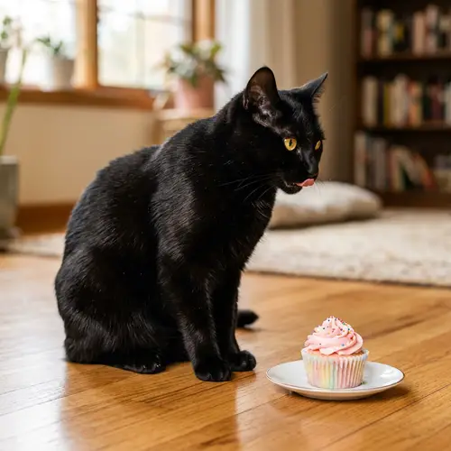 Sleek Black Cat Eyeing Cupcake | Warm & Relaxed Scene
