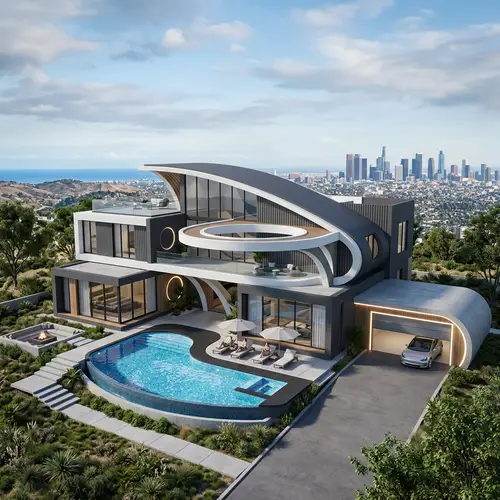 Futuristic Two-Story House with Pool and Garage