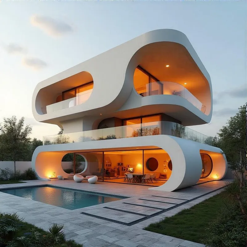 Futuristic Two-Story House with Pool and Garage