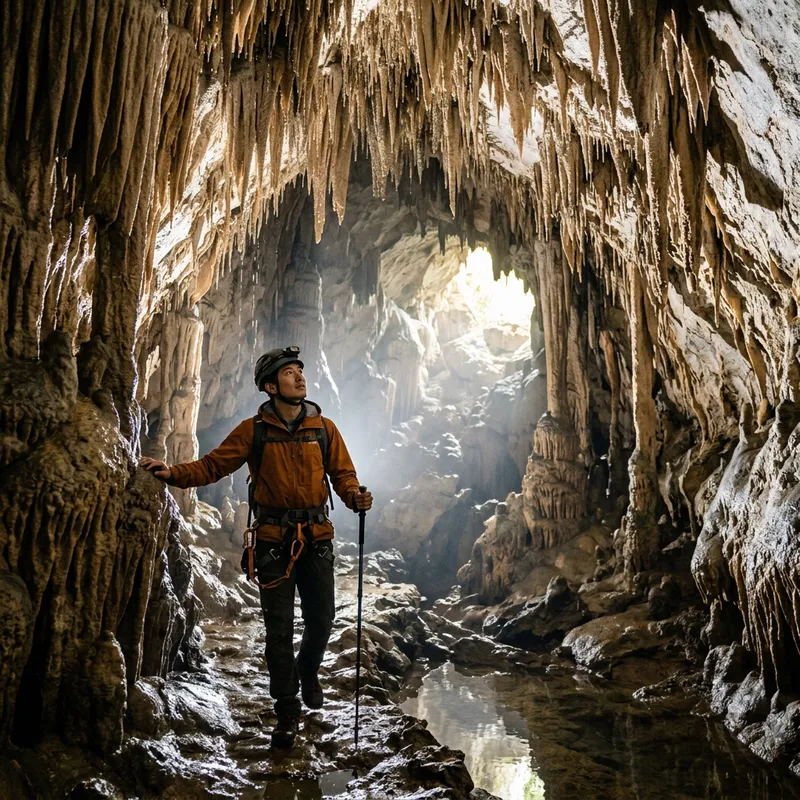 Man in Spelunking Adventure Amongst Stalactites in Luminous Cave