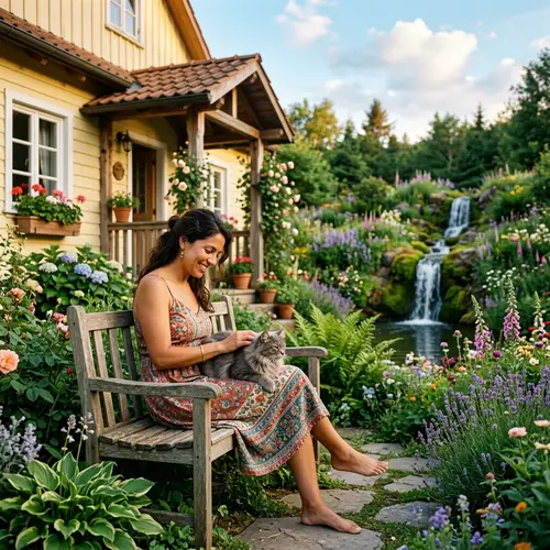 Hispanic Woman with Grey Cat in Tranquil Garden Setting