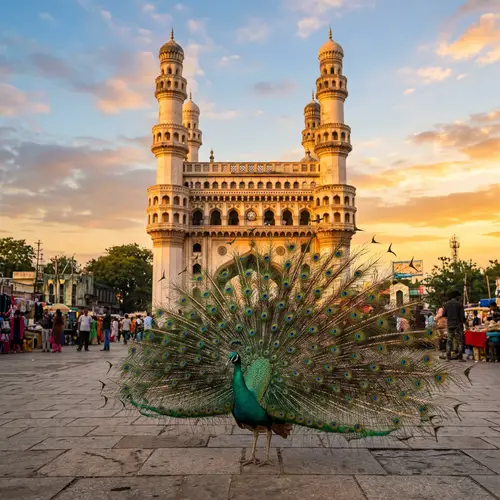Colorful Peacock at Charminar in Hyderabad | Golden Sunset View