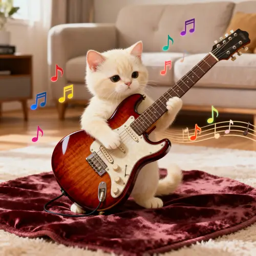 Adorable Kitten Plays Electric Guitar in Cozy Living Room