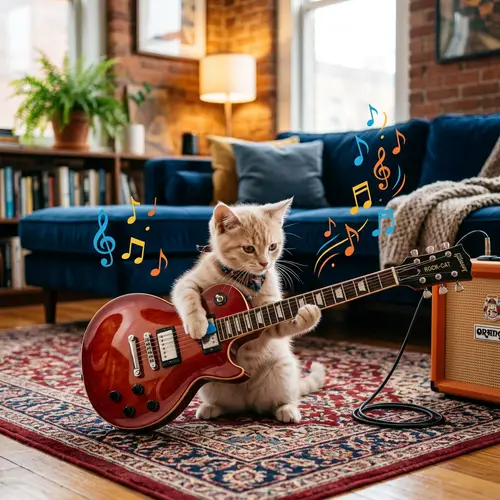 Adorable Kitten Plays Electric Guitar in Cozy Living Room