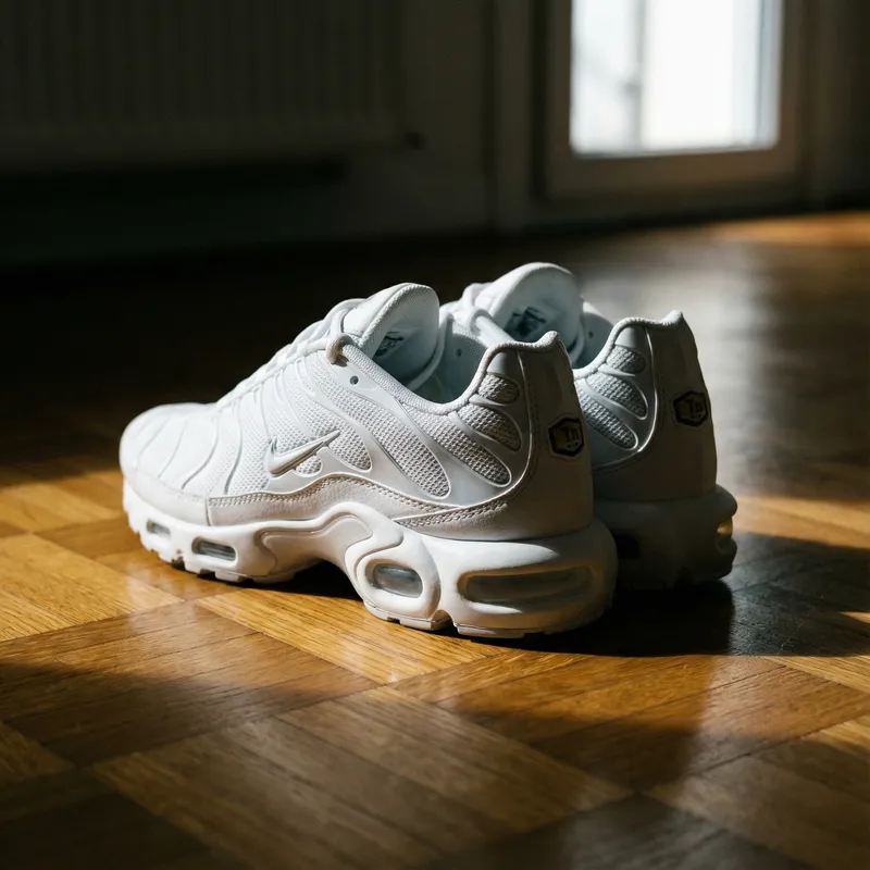 White Nike TN Sneakers on Polished Parquet Floor | Minimalist Still Life Photography