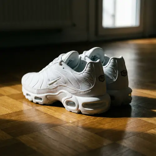 White Nike TN Sneakers on Polished Parquet Floor | Still Life Photography