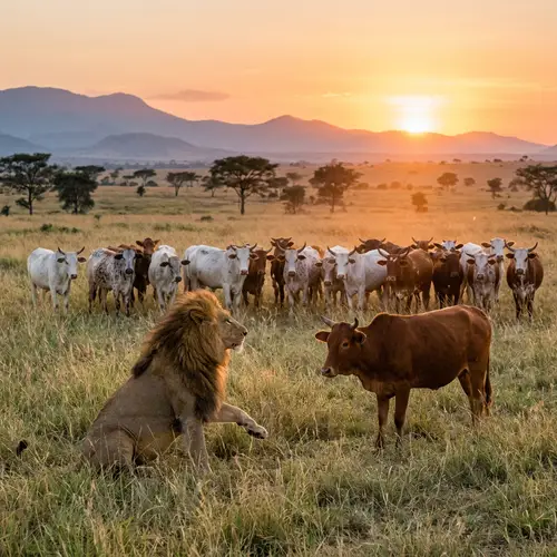 Majestic Lion Interaction with Cattle in Grassy Plains