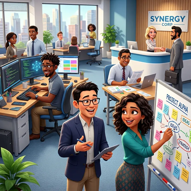 Disney Pixar Style Office Scene: Diverse Professionals in Joyful Workplace Disney Pixar Style Office Scene: Diverse Professionals in Joyful Workplace